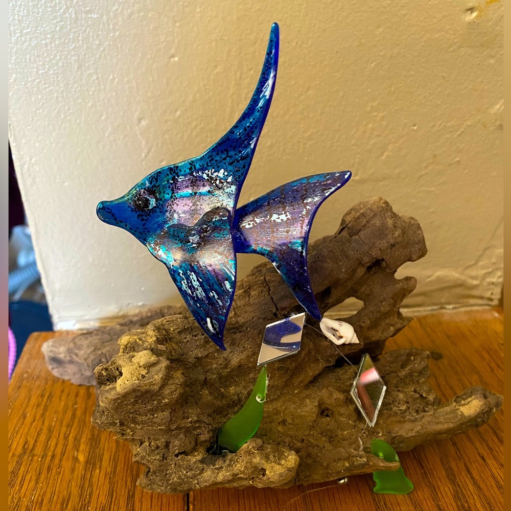 Angel fish ,Drift wood /unique hand made, painted.. out of beach glass